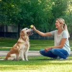 A happy golden retriever sitting on a grassy lawn, eating a small slice of apple from a human hand, with vibrant green trees in the background.