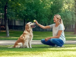 A happy golden retriever sitting on a grassy lawn, eating a small slice of apple from a human hand, with vibrant green trees in the background.