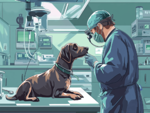 A veterinarian performing endoscopy on a medium-sized dog in a modern veterinary clinic, detailed equipment visible in the background.