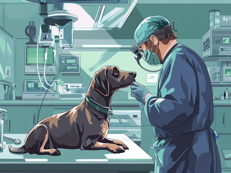 A veterinarian performing endoscopy on a medium-sized dog in a modern veterinary clinic, detailed equipment visible in the background.