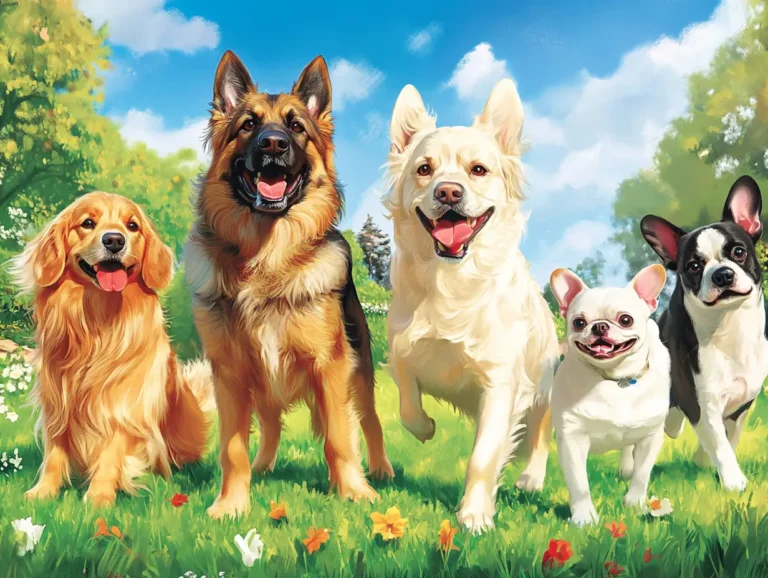 variety of popular dog breeds in a vibrant outdoor setting, such as a park. Include a German Shepherd, Golden Retriever, Labrador Retriever, Pomeranian, and French Bulldog, each interacting playfully with their environment. Ensure the dogs are of different sizes